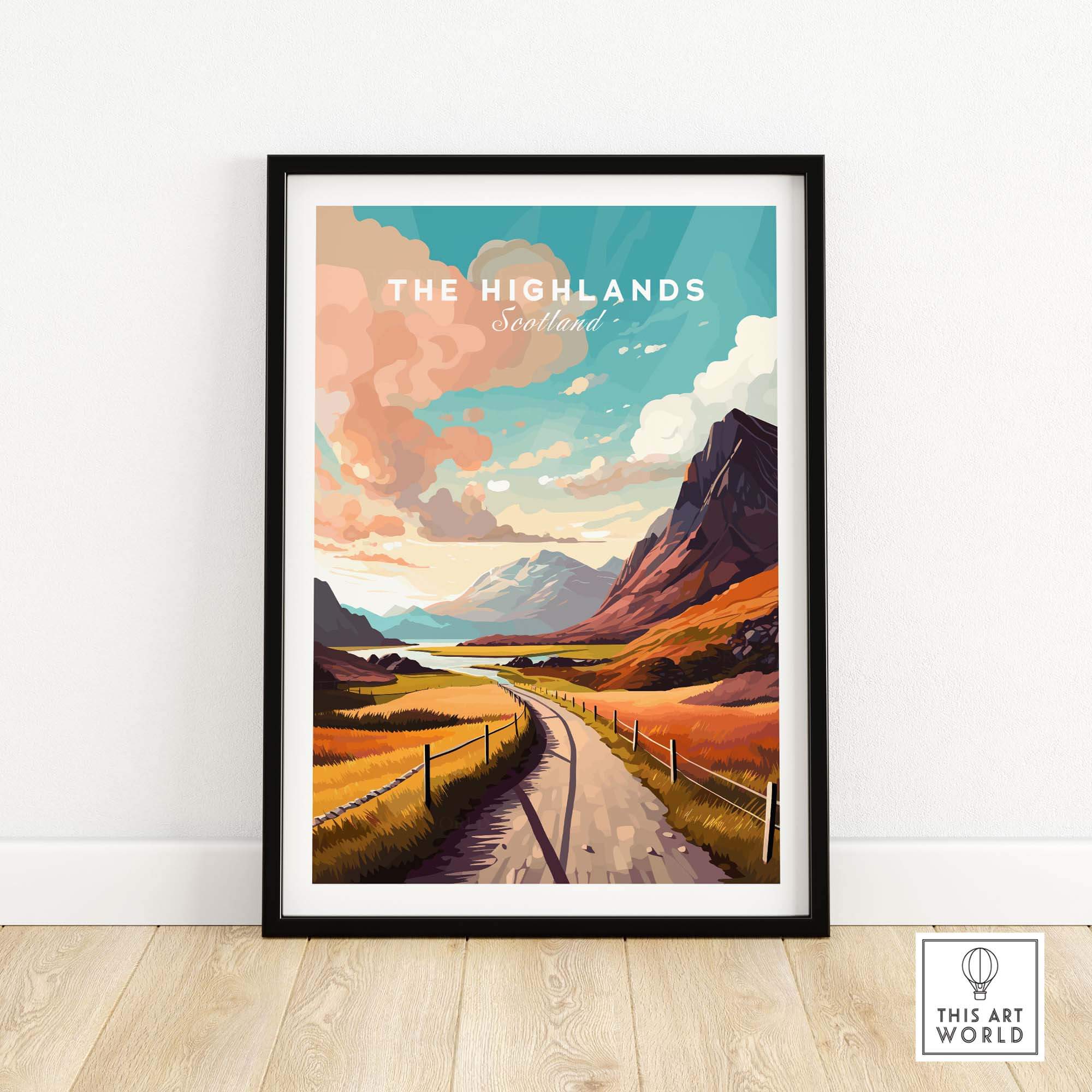 Scottish Highlands art print featuring a scenic landscape with mountains and vibrant colors, ideal for home decor.