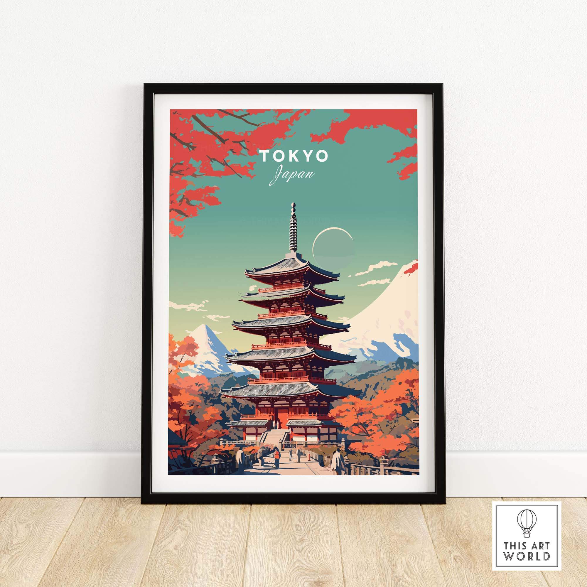 Tokyo Japan poster featuring a pagoda amidst vibrant colors, perfect for home decor and capturing Japan's beauty.