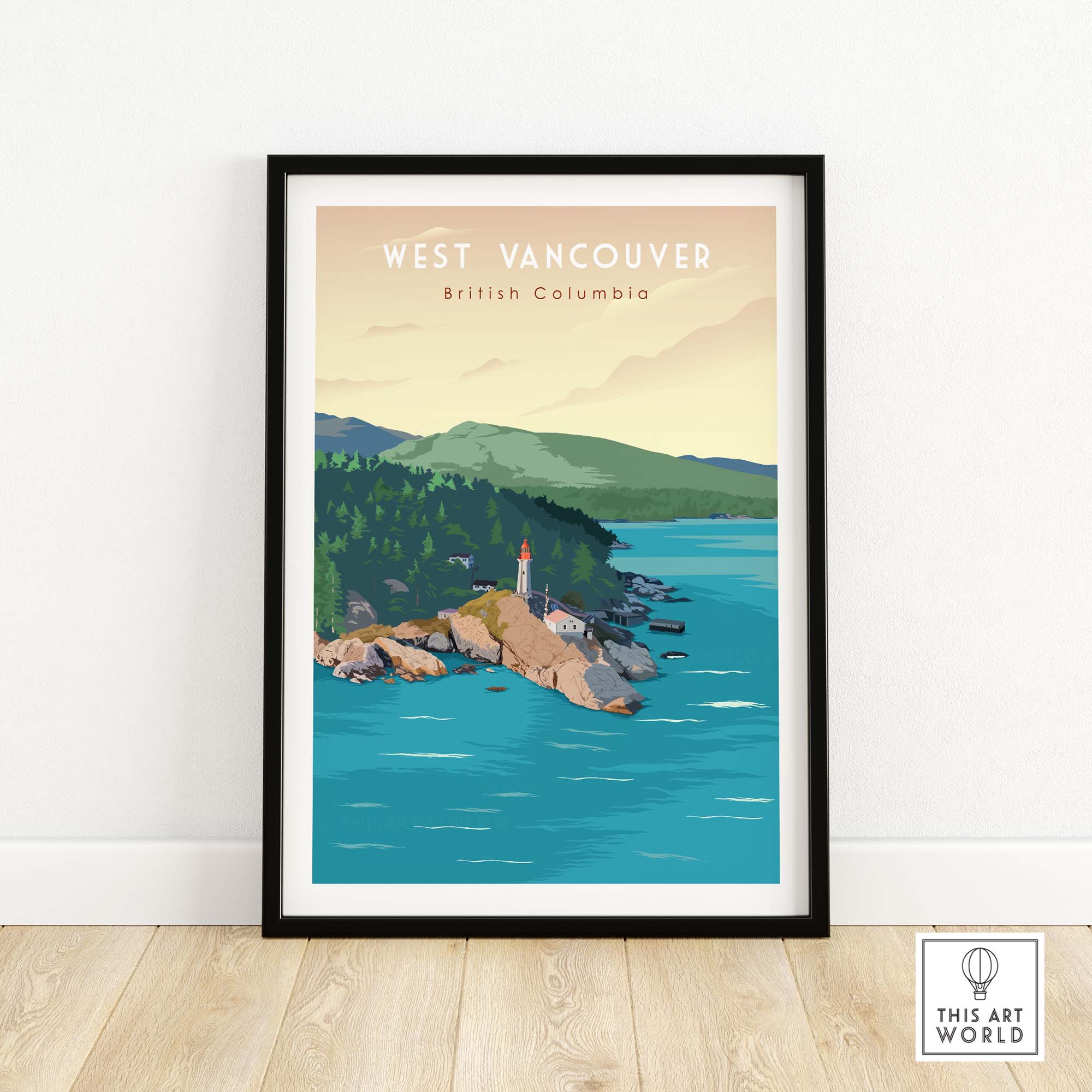 Vibrant West Vancouver BC travel poster print featuring a scenic coastal lighthouse and mountainous landscape.
