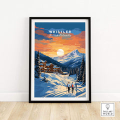 Whistler Ski Resort poster with sunset, featuring snowy mountains and cabins, perfect for ski enthusiasts and Canada travel lovers.