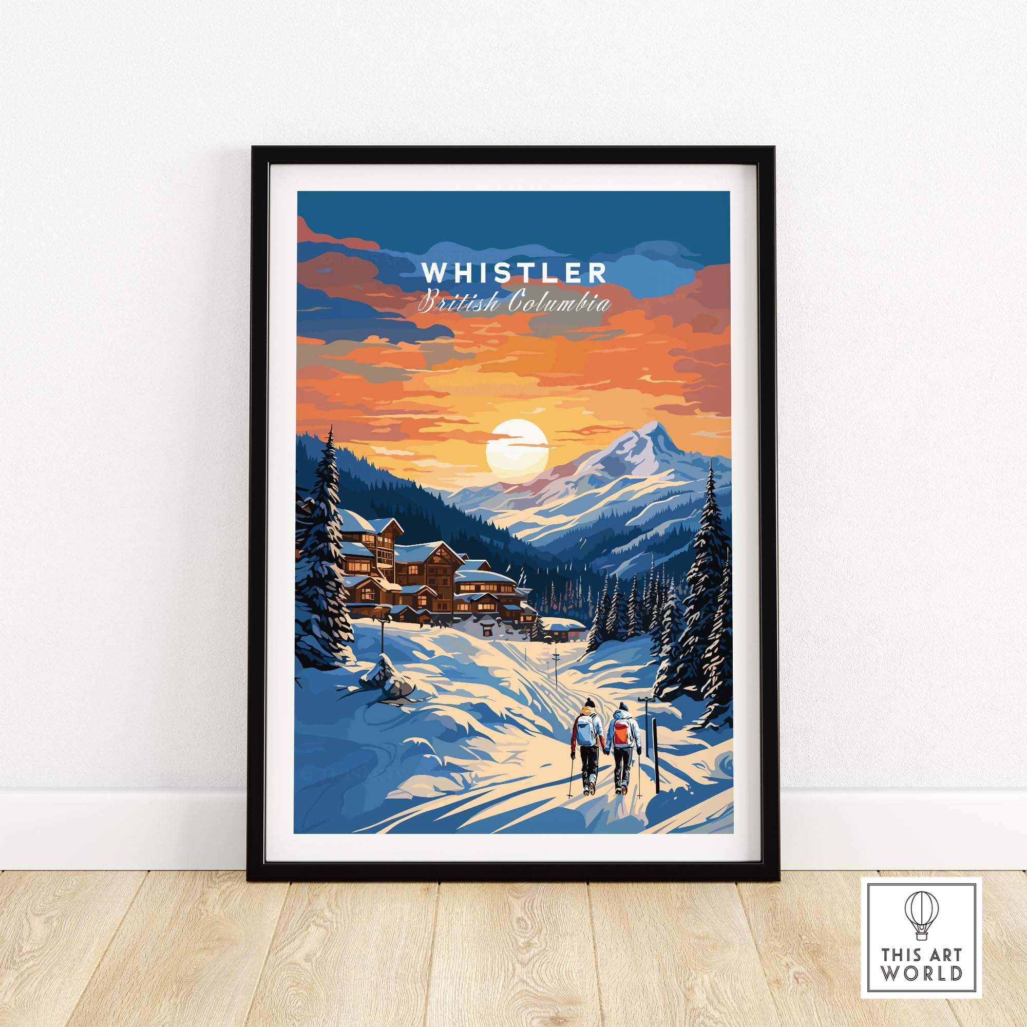 Whistler Ski Resort poster with sunset, featuring snowy mountains and cabins, perfect for ski enthusiasts and Canada travel lovers.