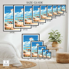 Size guide for Aruba Print wall art showing various dimensions and layouts in a stylish interior setting.