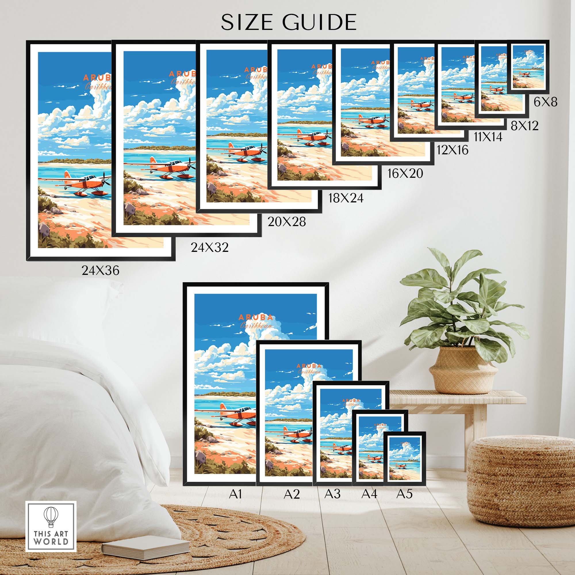 Size guide for Aruba Print wall art showing various dimensions and layouts in a stylish interior setting.