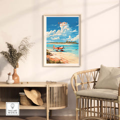 Aruba Print showcasing a tropical beach scene with a plane and vibrant Caribbean colors in a stylish home setting.