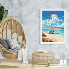 Aruba Print featuring a beach and plane in vibrant Caribbean colors, perfect for tropical decor.