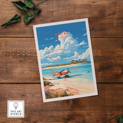 Aruba Print featuring a seaplane on a tropical beach with vibrant Caribbean hues and clouds.