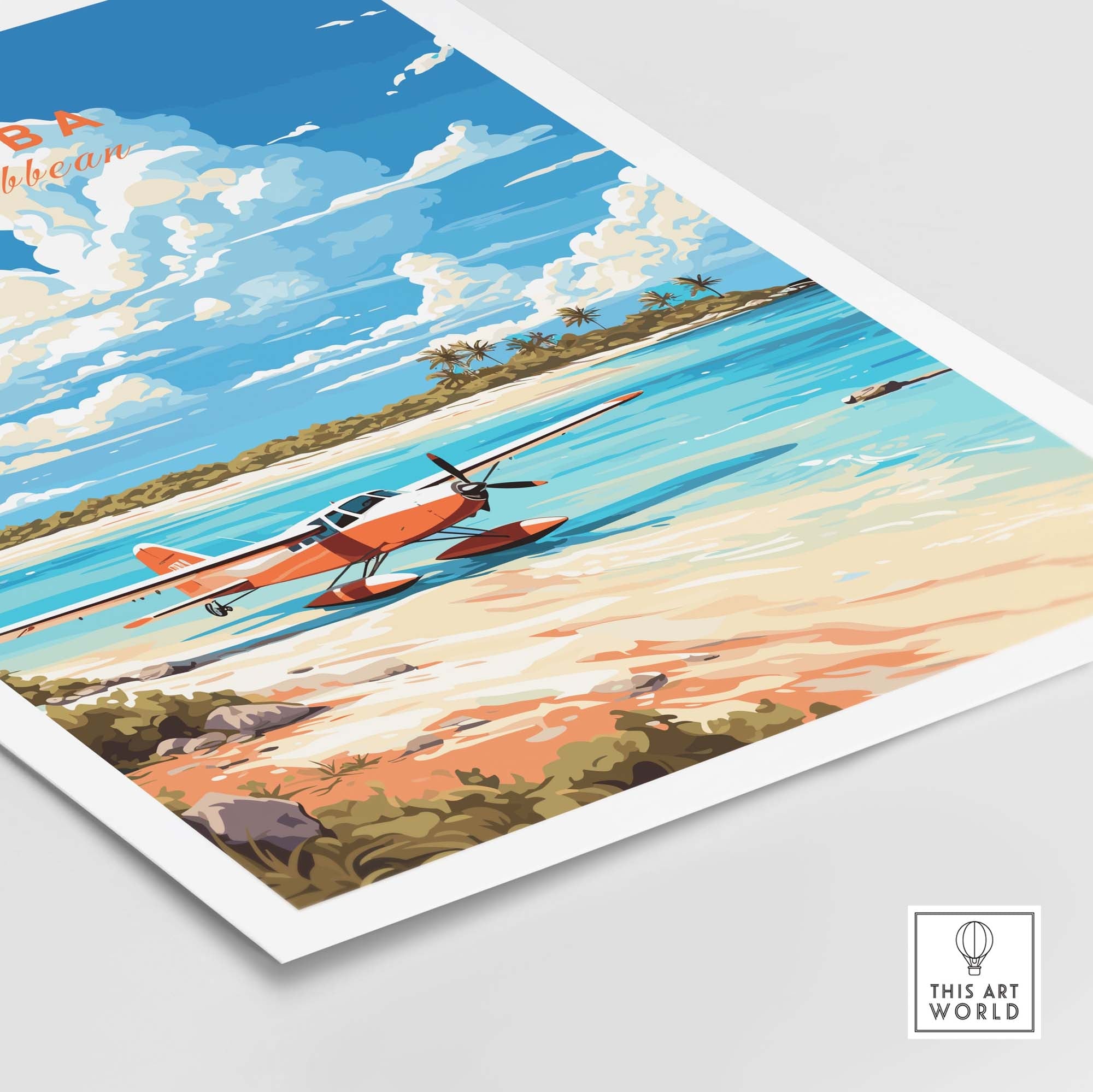 Aruba Print showcasing a tropical beach scene with a seaplane under a bright sky, vibrant Caribbean colors.