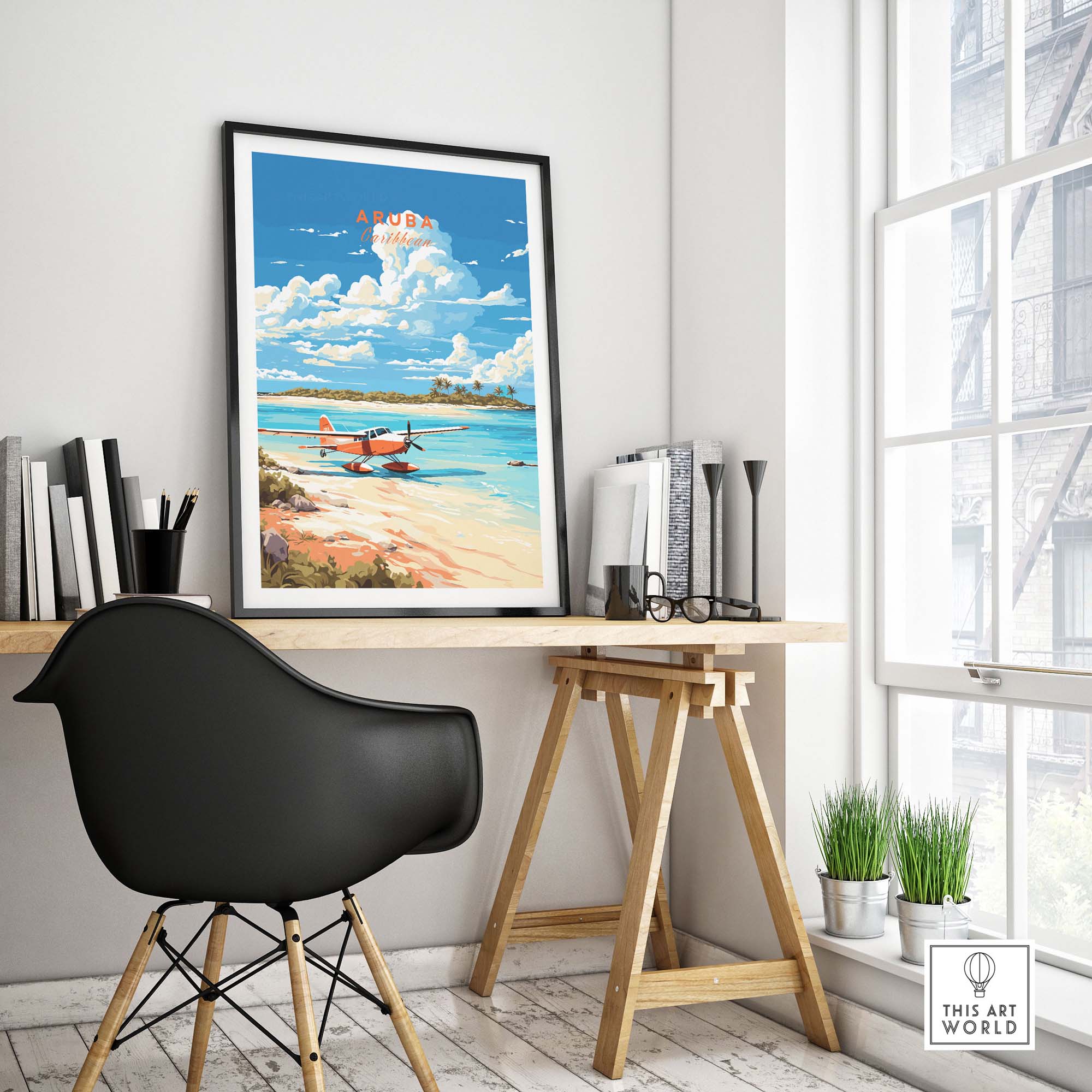 Aruba Print gallery wall art featuring a tropical beach scene and vintage plane in vibrant colors.