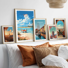 Aruba Print gallery wall art featuring beach, plane, and vibrant Caribbean hues for a tropical escape.