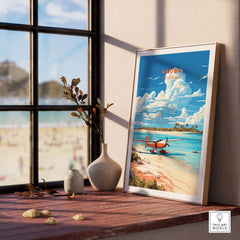 Aruba Print gallery wall art featuring a beach scene, plane, and vibrant Caribbean colors, bringing tropical vibes indoors.
