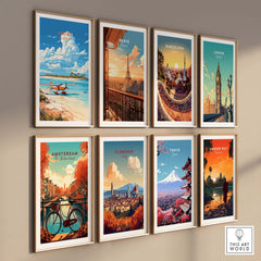 Aruba Print gallery wall art featuring vibrant travel-themed posters of various cities.