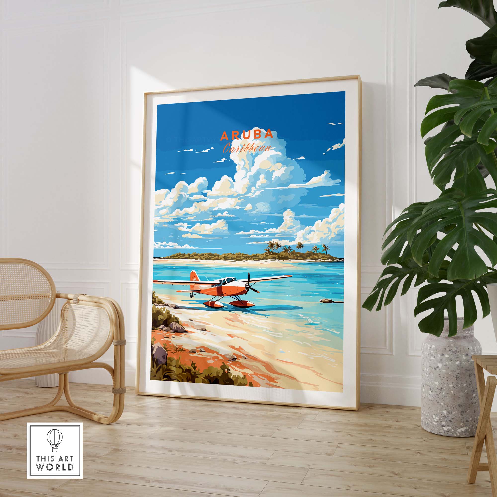 Aruba Print showcasing a vibrant beach scene with a plane and Caribbean colors in a modern living space.