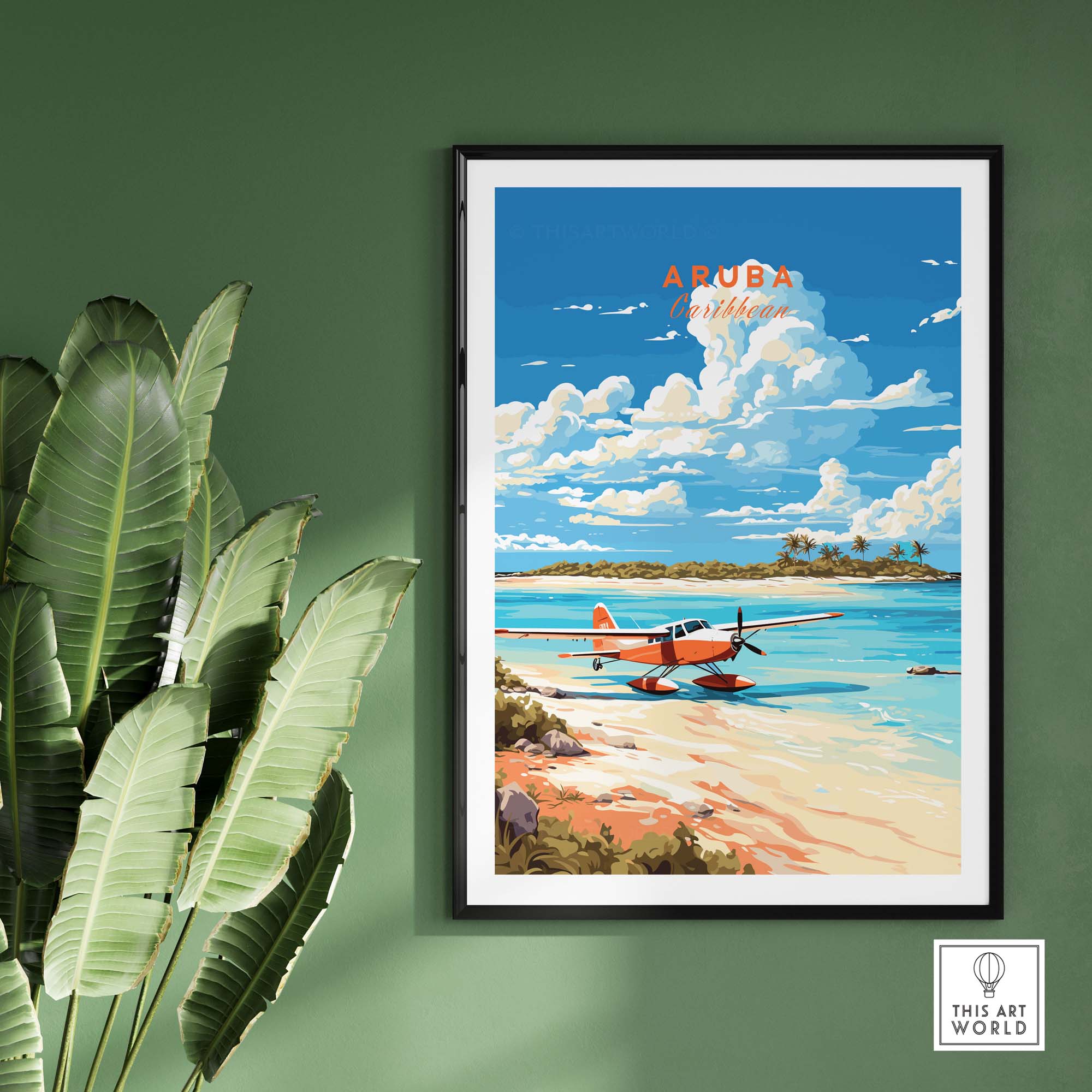 Aruba Print featuring a tropical beach scene with a plane and vibrant Caribbean colors, perfect for wall decor.