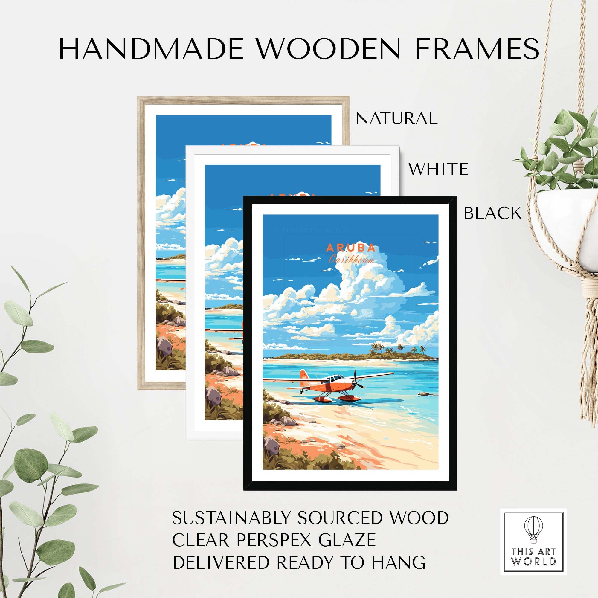 Aruba Print framed in handmade wooden frames in natural, white, and black finishes, showcasing tropical beach art.