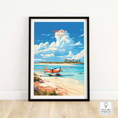 Aruba Print showcasing a beach scene with a plane, vibrant Caribbean colors, perfect for home decor.