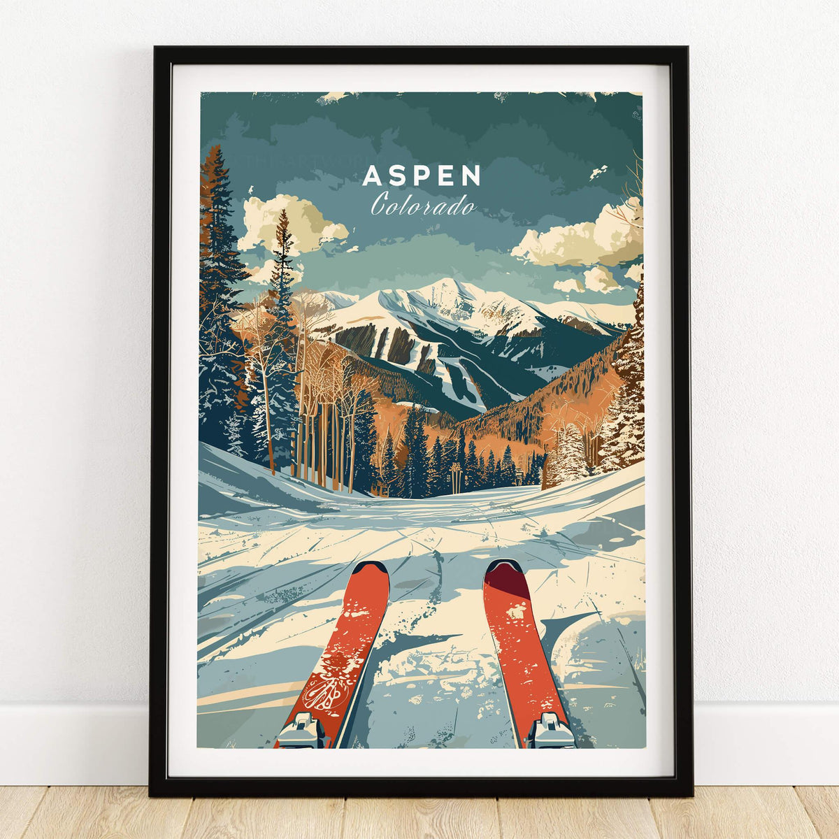 Aspen Travel Poster - Colorado featuring a ski scene in the mountains with Aspen trees and blue sky.