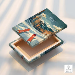 Aspen Travel Poster - Colorado on a wooden box with vibrant mountain and ski design.