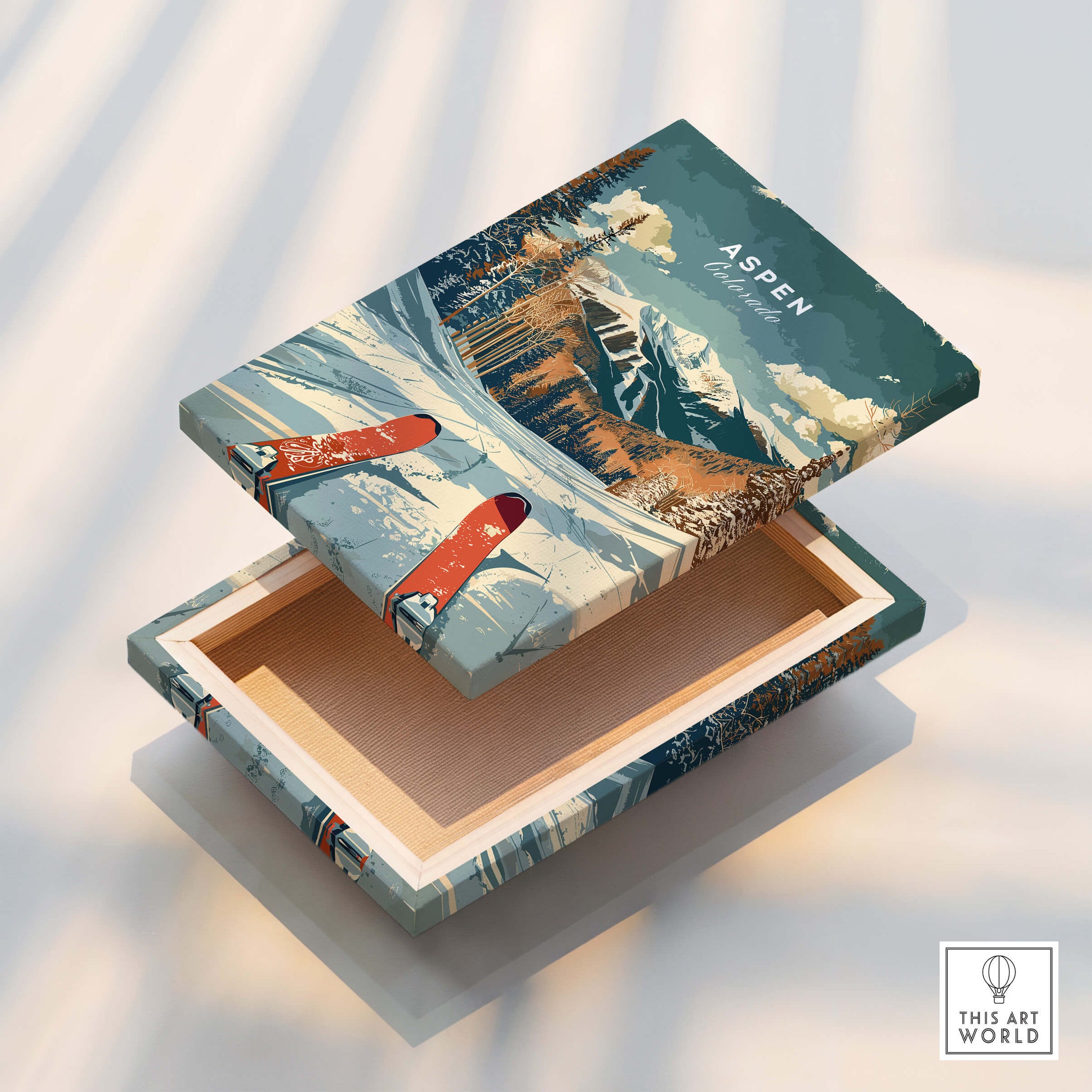 Aspen Travel Poster - Colorado on a wooden box with vibrant mountain and ski design.