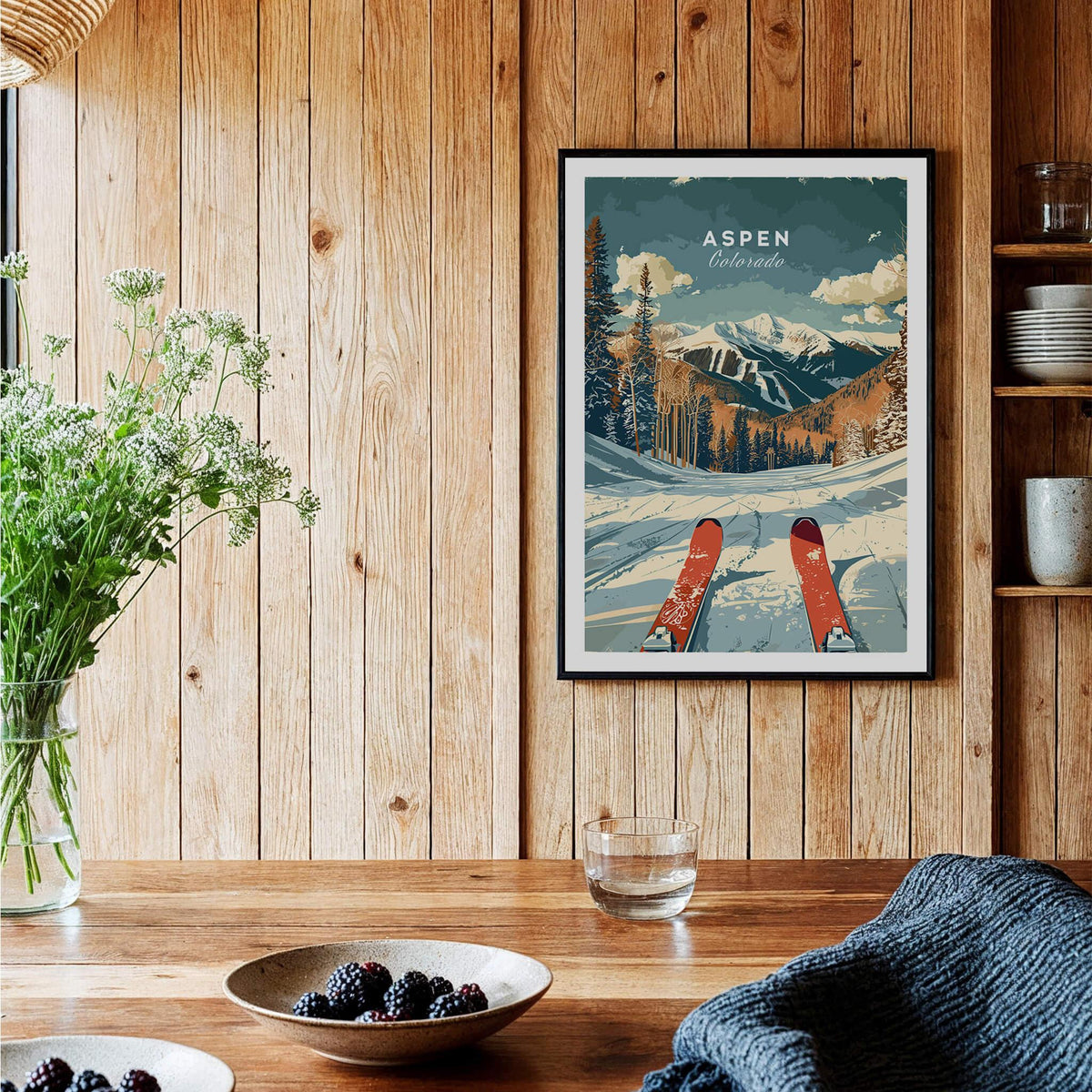 Aspen Travel Poster - Colorado featuring skis and a mountain view in a cozy interior setting.