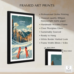 Aspen Travel Poster - Colorado framed art print featuring snow-covered mountains and Aspen trees.