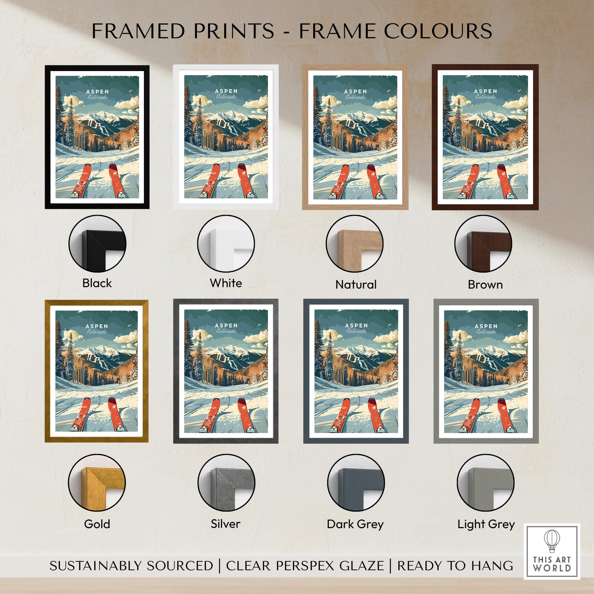 Aspen Travel Poster - Colorado with various frame colors including black, white, natural, brown, gold, silver, dark grey, light grey.