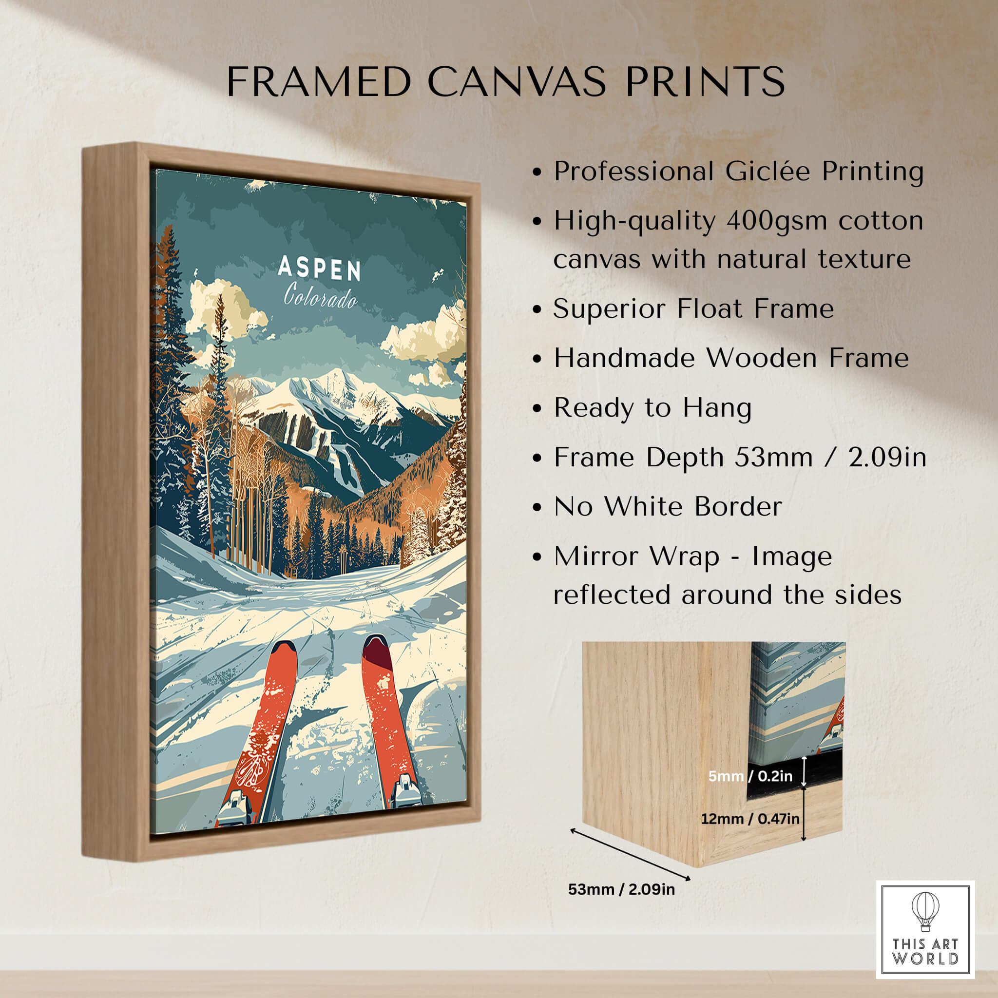 Aspen Travel Poster - Colorado framed canvas print with scenic Aspen trees and mountains.