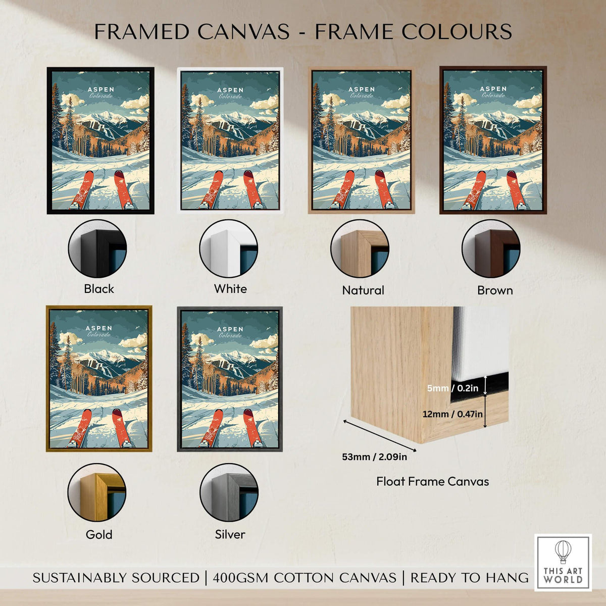 Aspen Travel Poster - Colorado framed in various frame colors options including black, white, natural, brown, gold, and silver