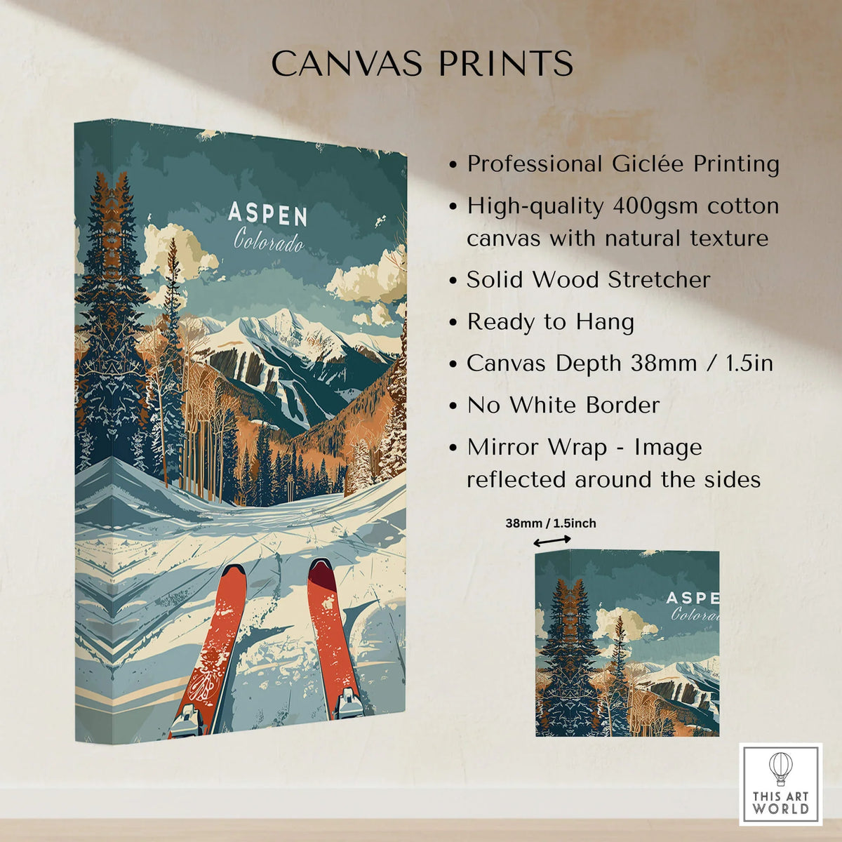Aspen Travel Poster - Colorado featuring breathtaking imagery of Aspen trees and mountains, perfect for decor.