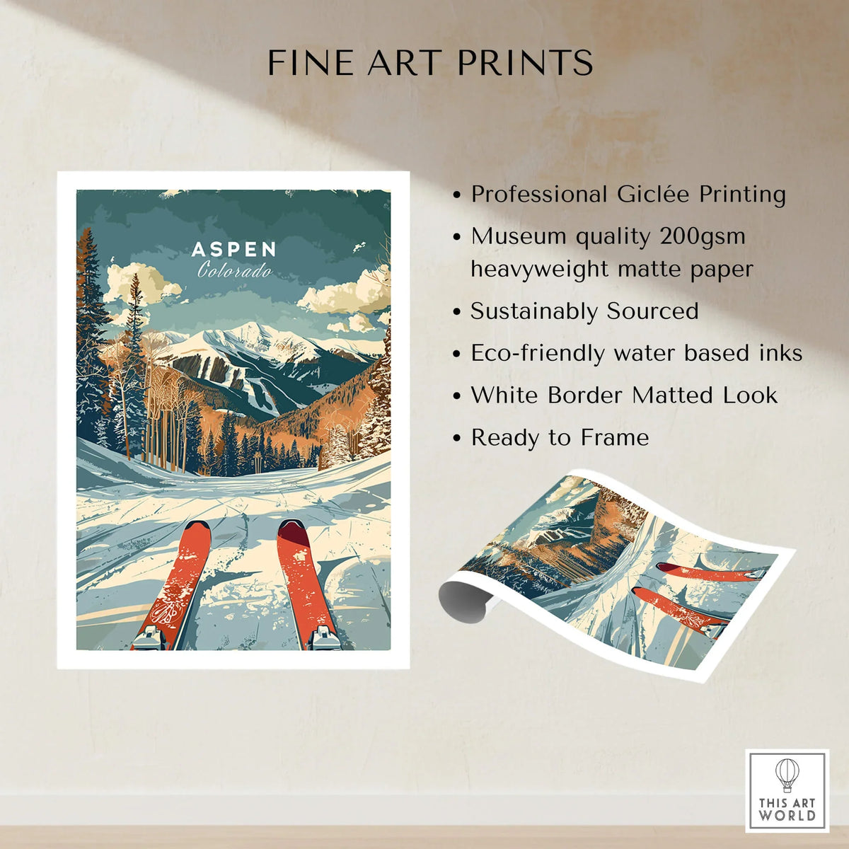 Aspen Travel Poster - Colorado showcasing iconic Aspen trees and mountains, perfect for home decor and travel enthusiasts.