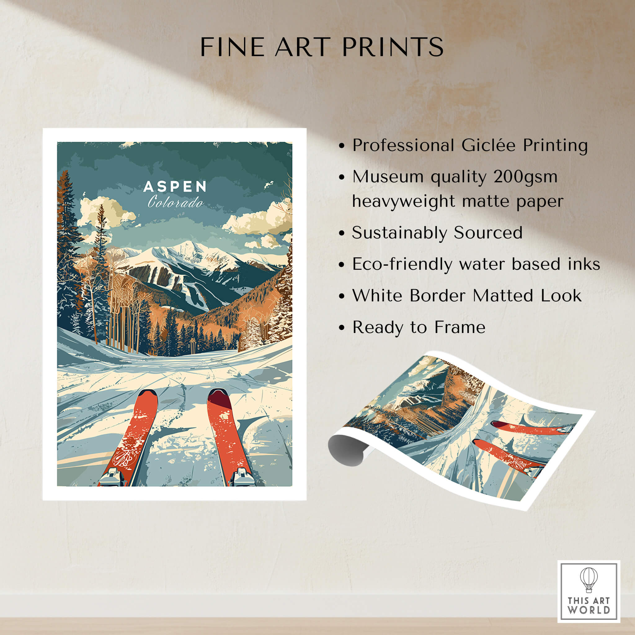 Aspen Travel Poster - Colorado showcasing iconic Aspen trees and mountains, perfect for home decor and travel enthusiasts.