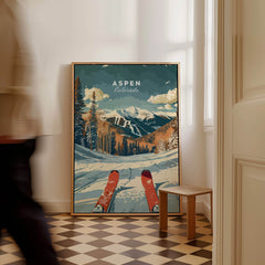 Aspen Travel Poster - Colorado featuring a scenic winter landscape with mountains and skis.
