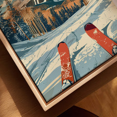 Aspen Travel Poster - Colorado featuring vibrant skis and a snowy mountain backdrop.