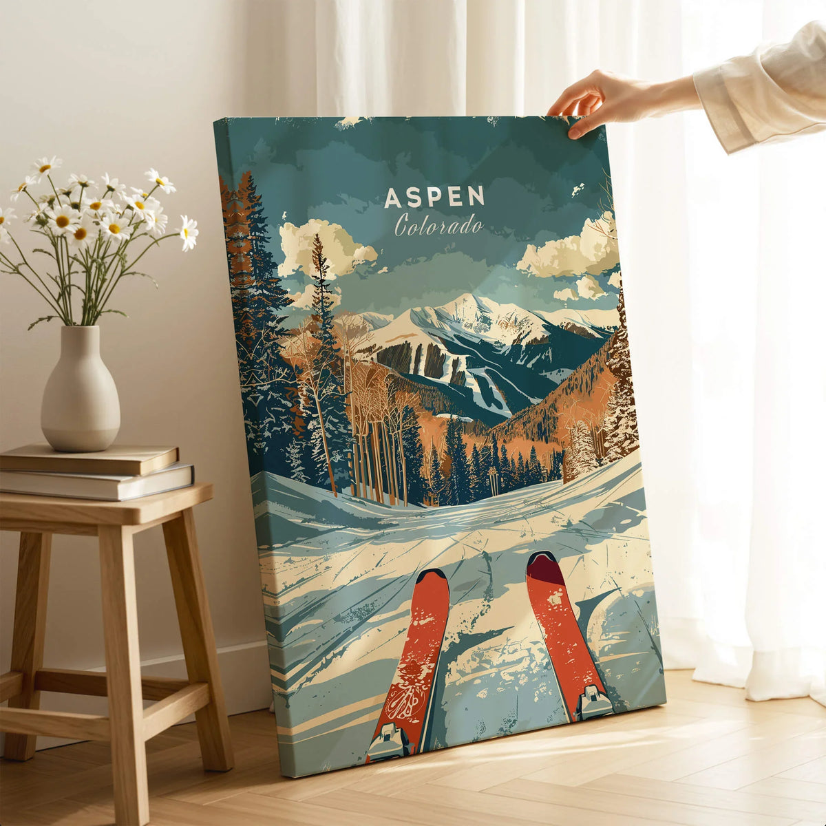 Aspen Travel Poster - Colorado showcasing a scenic view of Aspen mountains and skiing.