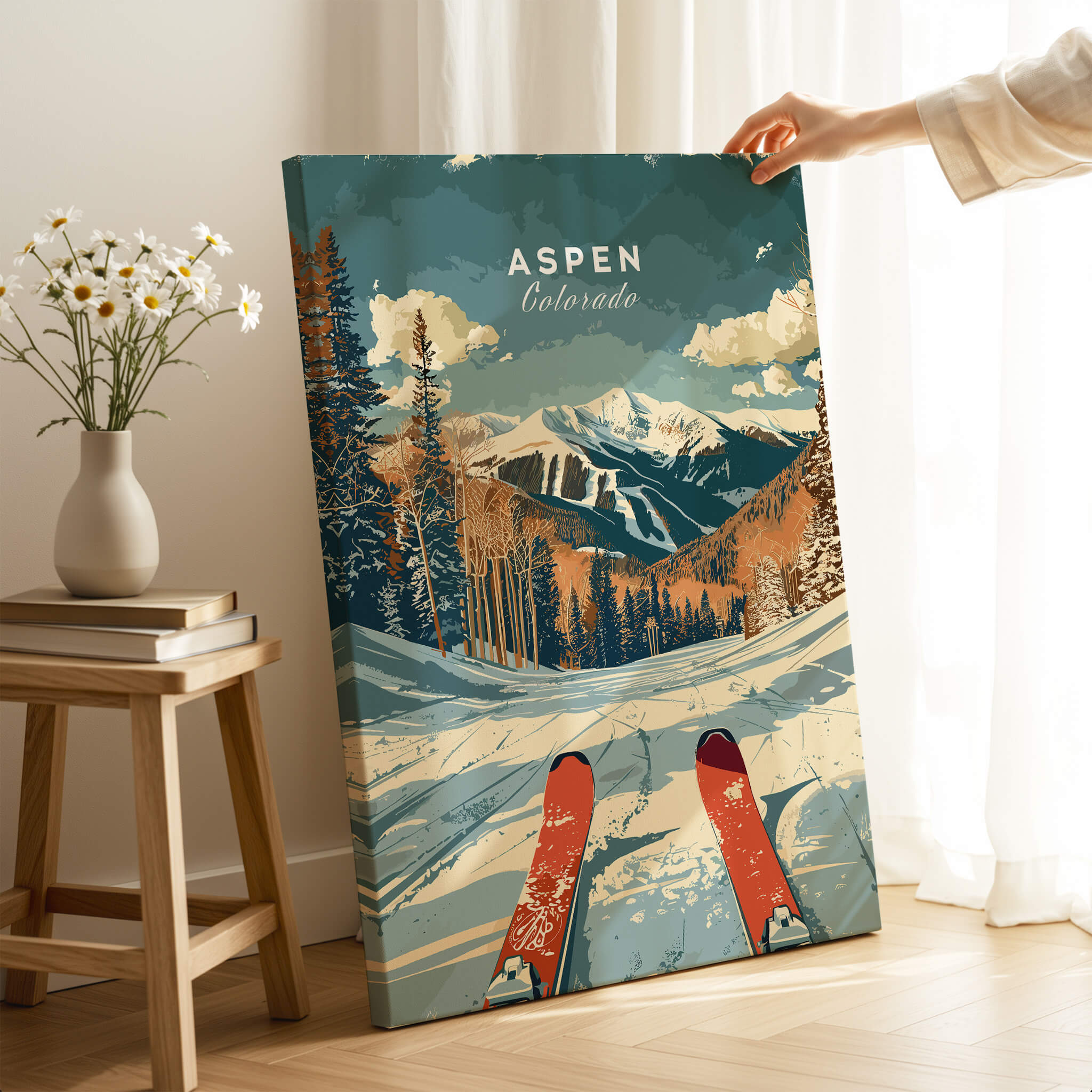 Aspen Travel Poster - Colorado showcasing a scenic view of Aspen mountains and skiing.