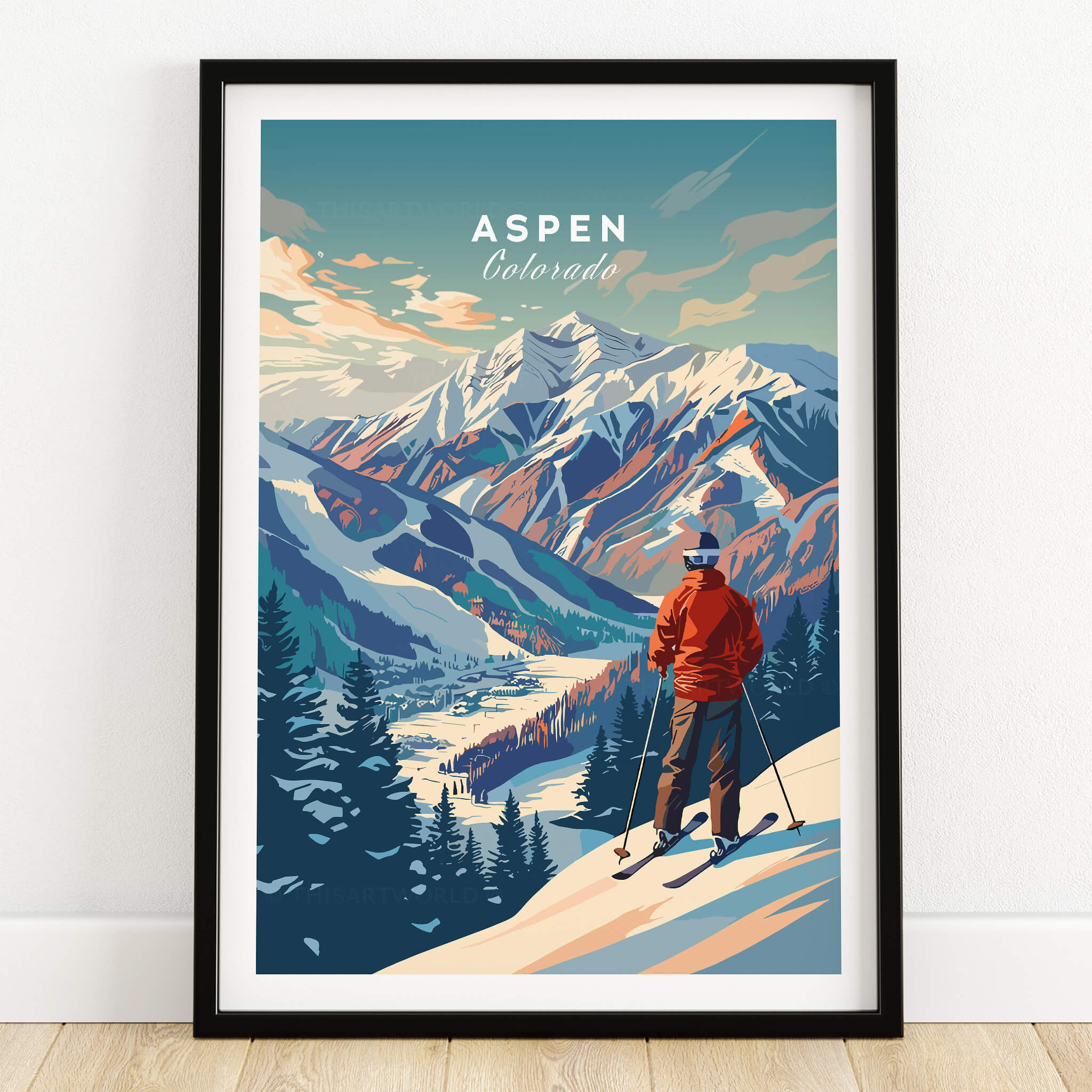 Aspen Ski Poster featuring a skier overlooking snowy mountains and valleys in Aspen, Colorado.