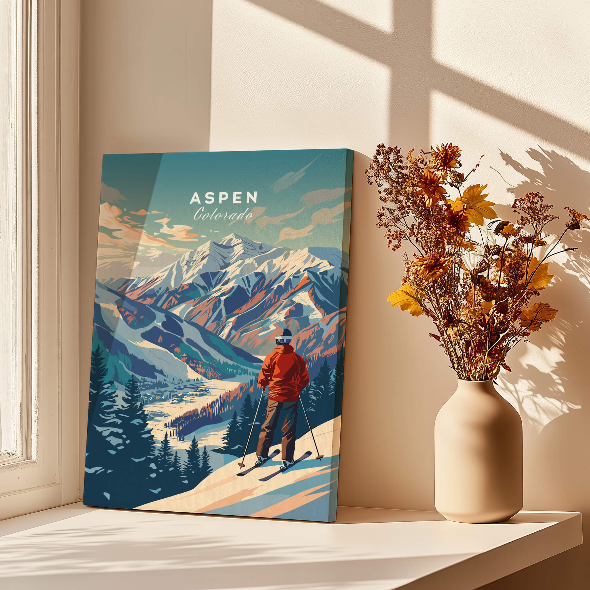 Aspen Ski Poster showcasing a skier with mountain backdrop, ideal winter decor for ski lovers.