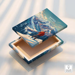 Aspen Ski Poster designed box featuring a landscape of mountains and a skier in vibrant colors.