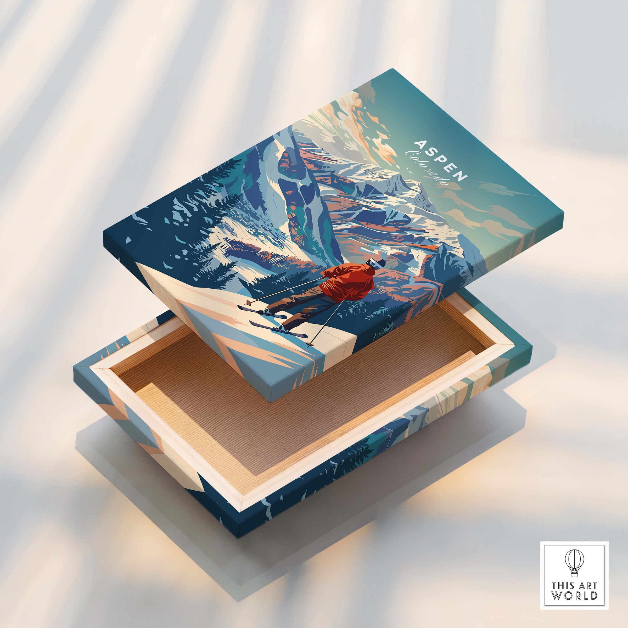Aspen Ski Poster designed box featuring a landscape of mountains and a skier in vibrant colors.