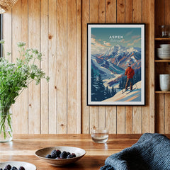 Aspen Ski Poster featuring a skier overlooking snowy mountains in a cozy interior setting.