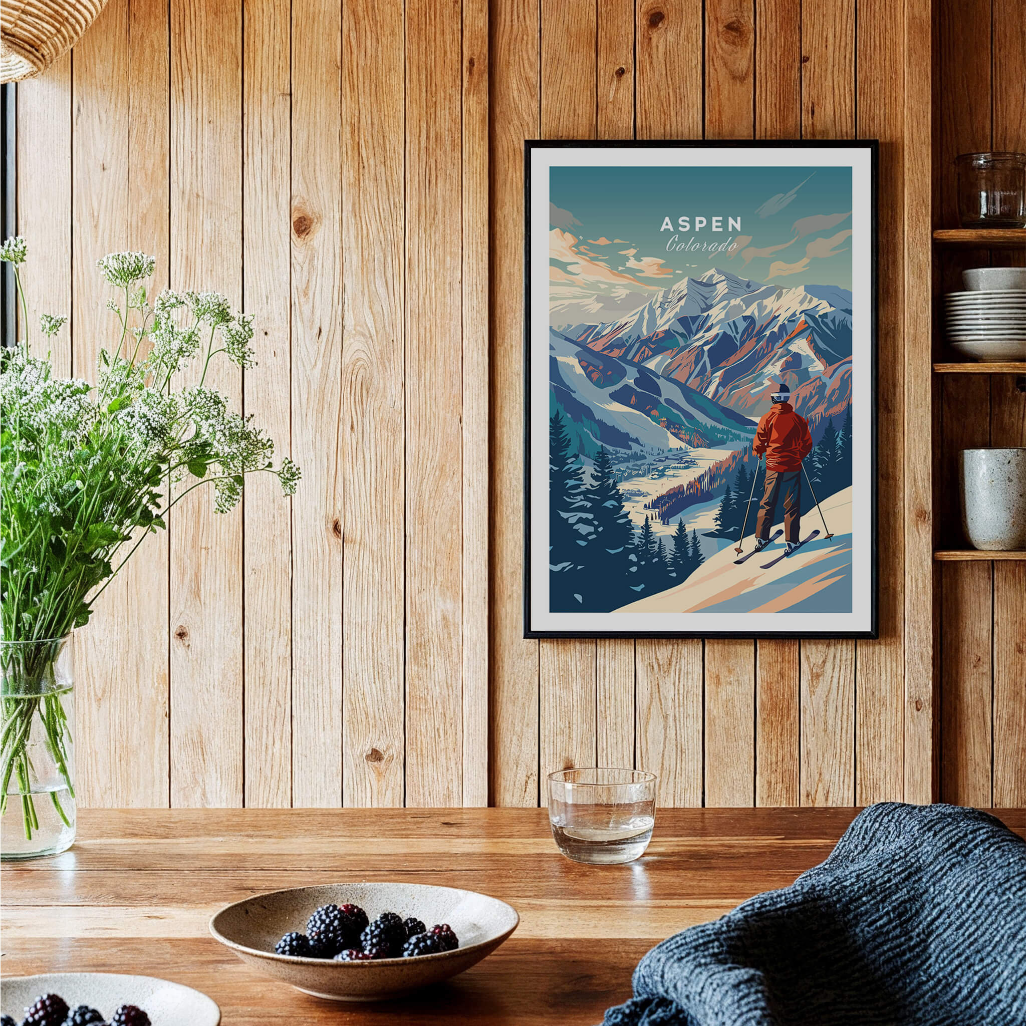Aspen Ski Poster featuring a skier overlooking snowy mountains in a cozy interior setting.