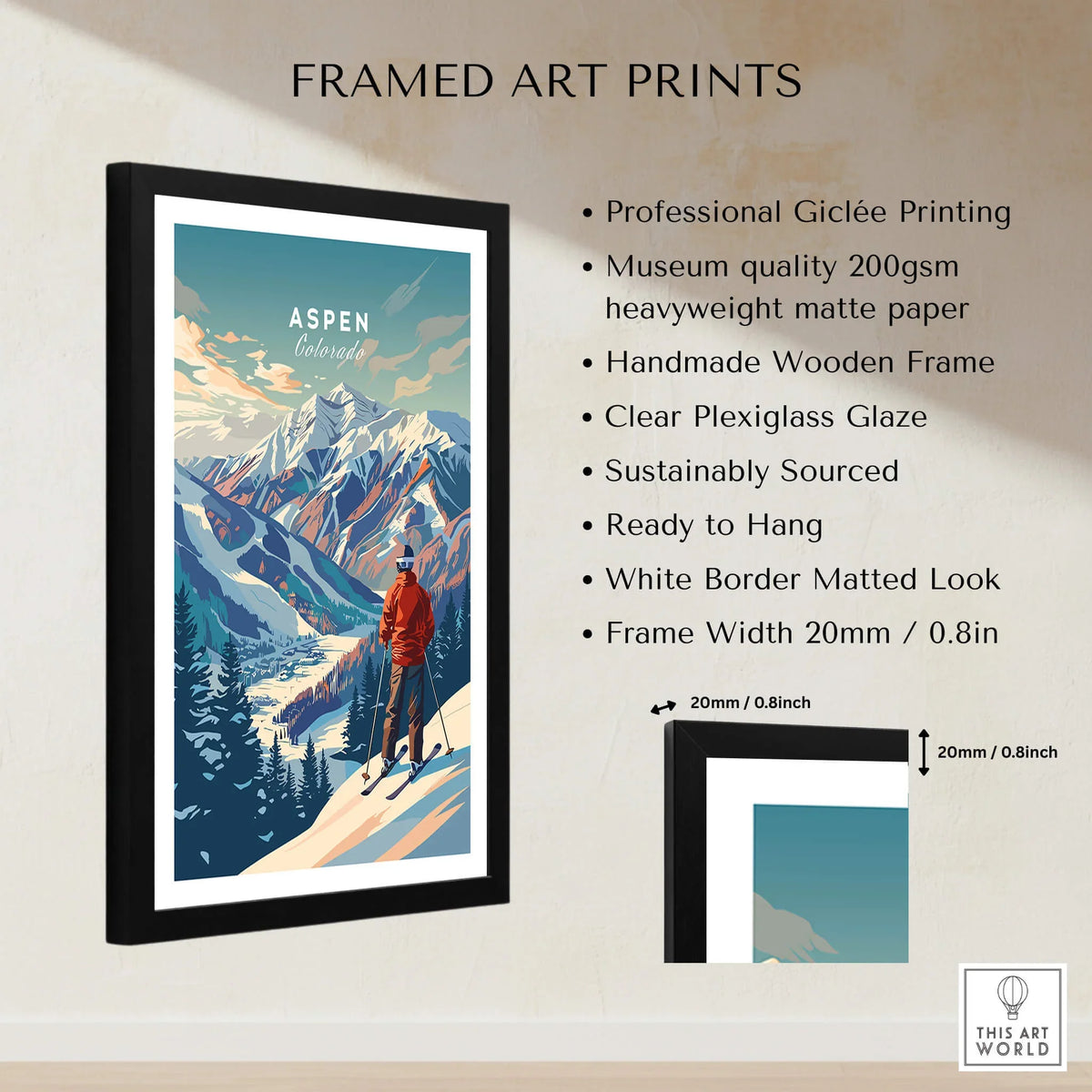 Aspen Ski Poster framed art print featuring breathtaking mountains and serene skiing scenery.