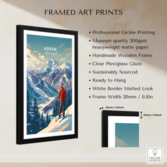 Aspen Ski Poster framed art print featuring breathtaking mountains and serene skiing scenery.