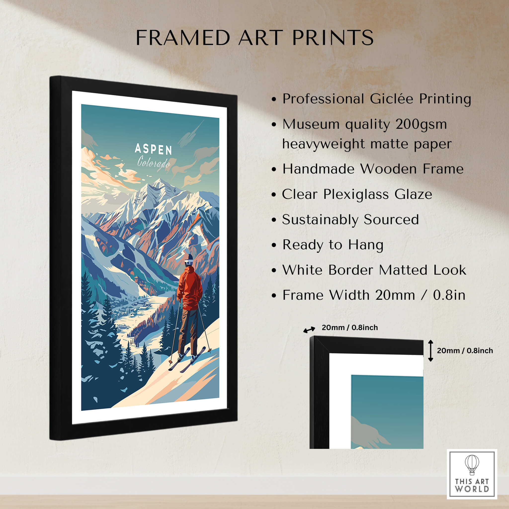 Aspen Ski Poster framed art print featuring breathtaking mountains and serene skiing scenery.
