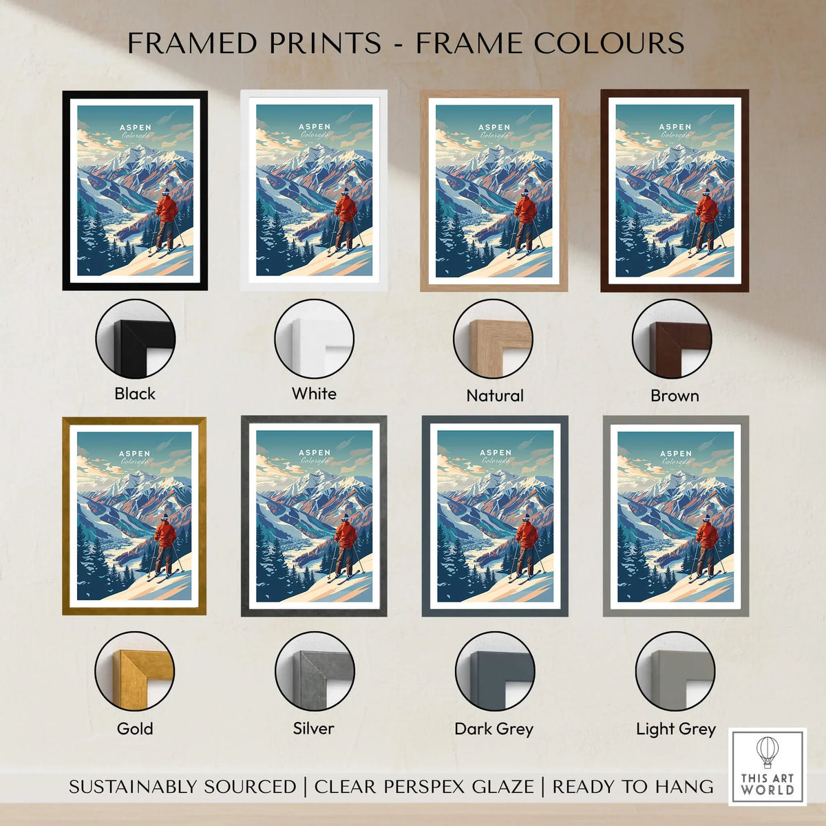 Aspen Ski Poster framed print color options including black, white, natural, brown, gold, silver, dark grey, light grey.
