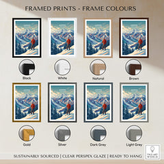 Aspen Ski Poster framed print color options including black, white, natural, brown, gold, silver, dark grey, light grey.