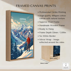 Aspen Ski Poster showcasing a mountain landscape with skier in beautiful winter colors, framed and ready to hang.