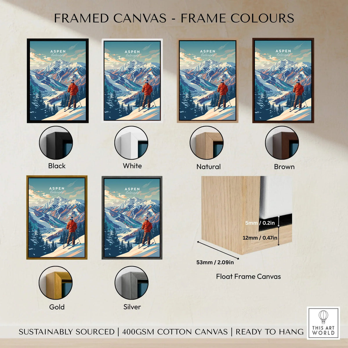 Aspen Ski Poster framed canvas options including black, white, natural, brown, gold, and silver frames.