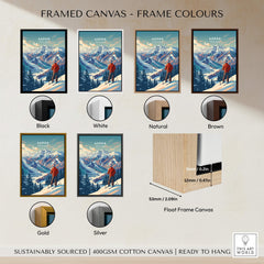 Aspen Ski Poster framed canvas options including black, white, natural, brown, gold, and silver frames.