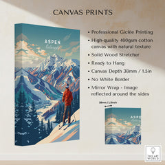 Aspen Ski Poster featuring stunning mountain landscape and skier, ideal for home decor and winter sports lovers.