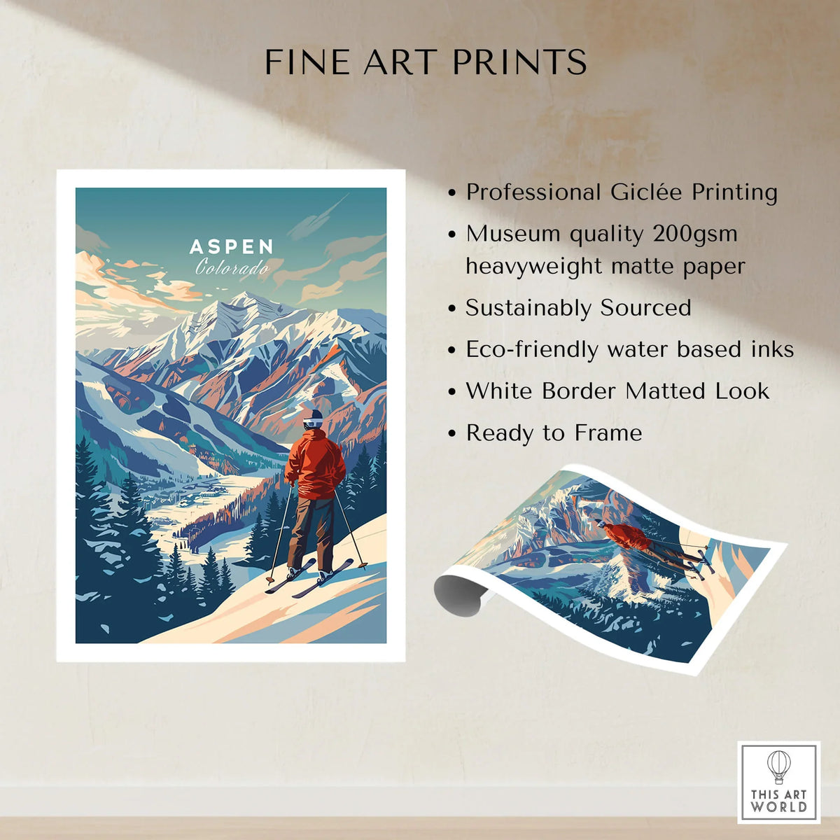 Aspen Ski Poster showcasing professional Giclée printing and stunning winter landscape suitable for framing.